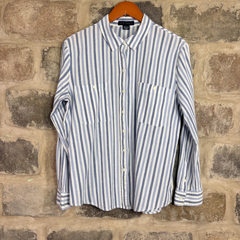 Sanctuary Women's Blue White Striped Cotton Boyfriend Shirt Long Sleeve Large